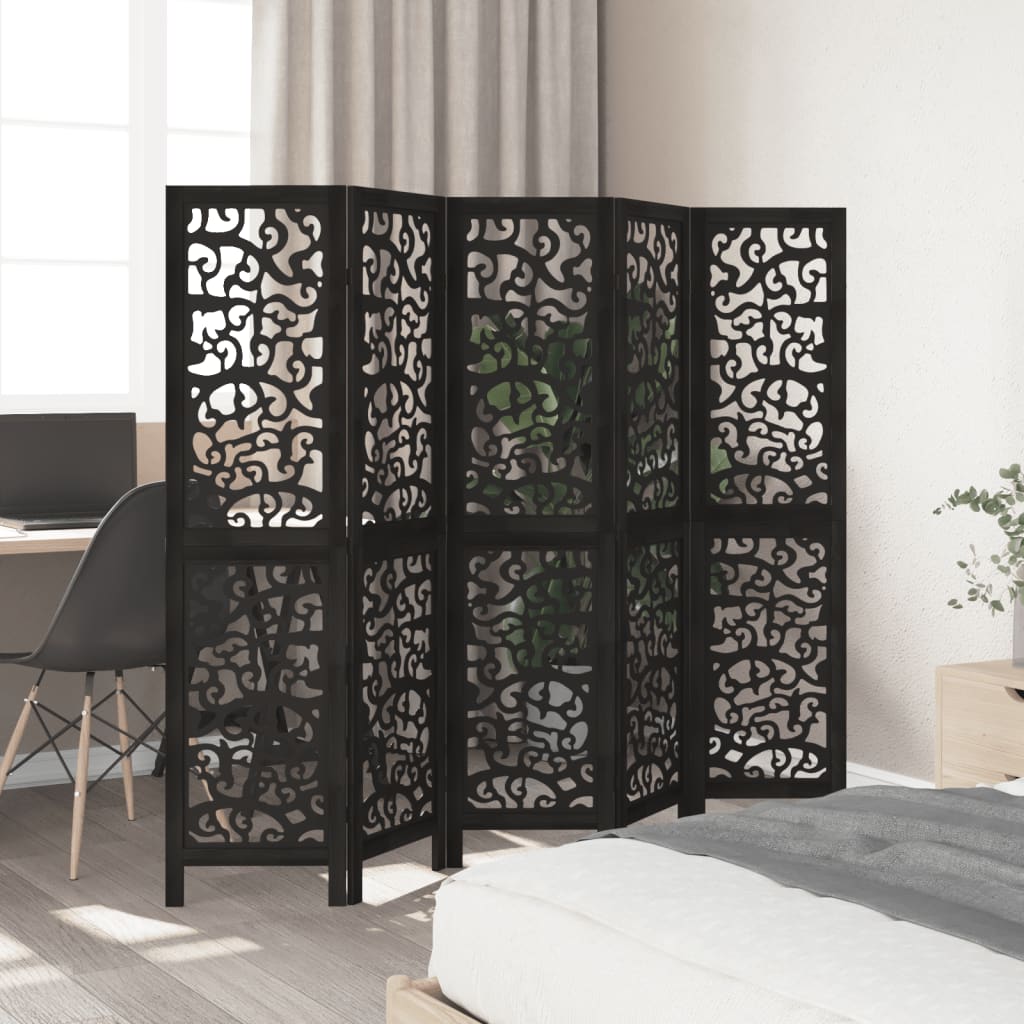 Room Divider 5 Panels Black Solid Wood Paulownia